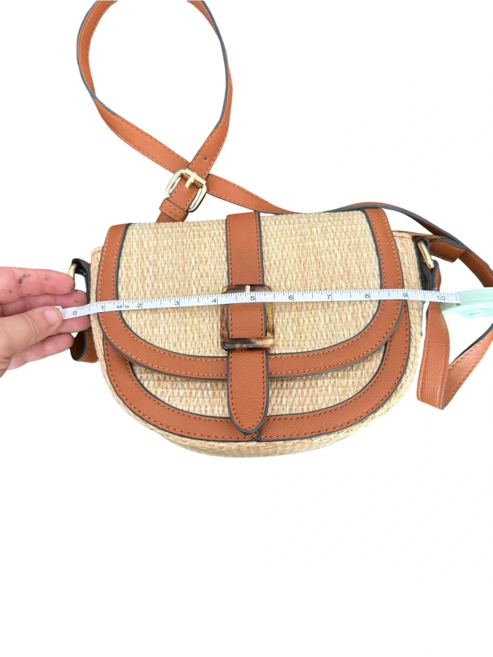 Woven Straw Crossbody Bag with Tan Leather Trim